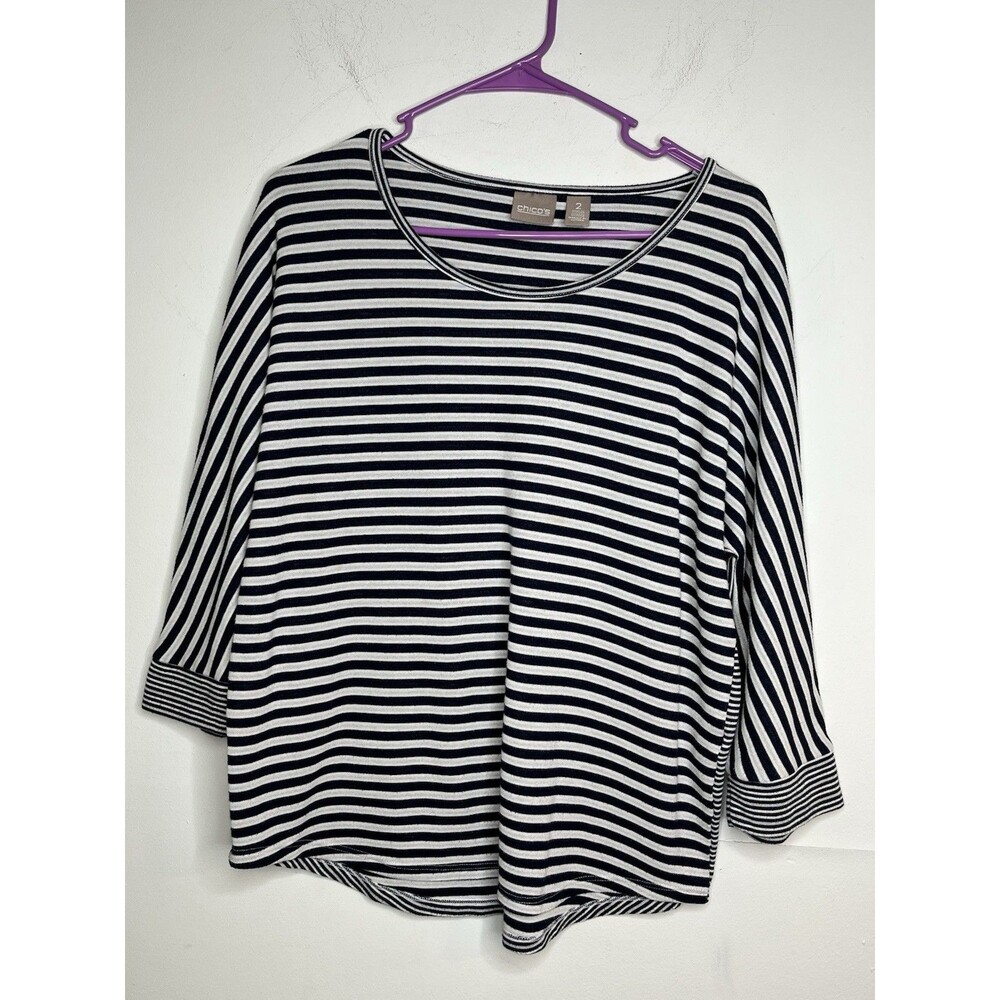 Chicos Navy Blue Nautical Stripes 3/4 Knit Top Blouse sz 2 / L (15)
